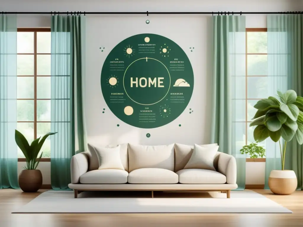 Un hogar armonioso que integra elementos de feng shui y astrología, con plantas, agua y equilibrio de decoración