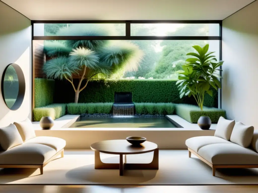 Salón minimalista con ventana panorámica y jardín sereno Un hogar armonioso con talleres feng shui para crear tranquilidad y equilibrio en el ambiente