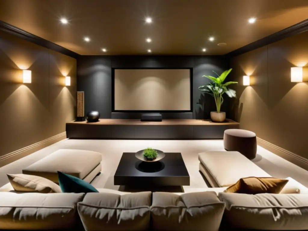 Un hogar de cine con diseño Feng Shui armonioso, iluminación suave y ambiente tranquilo para una experiencia inmersiva