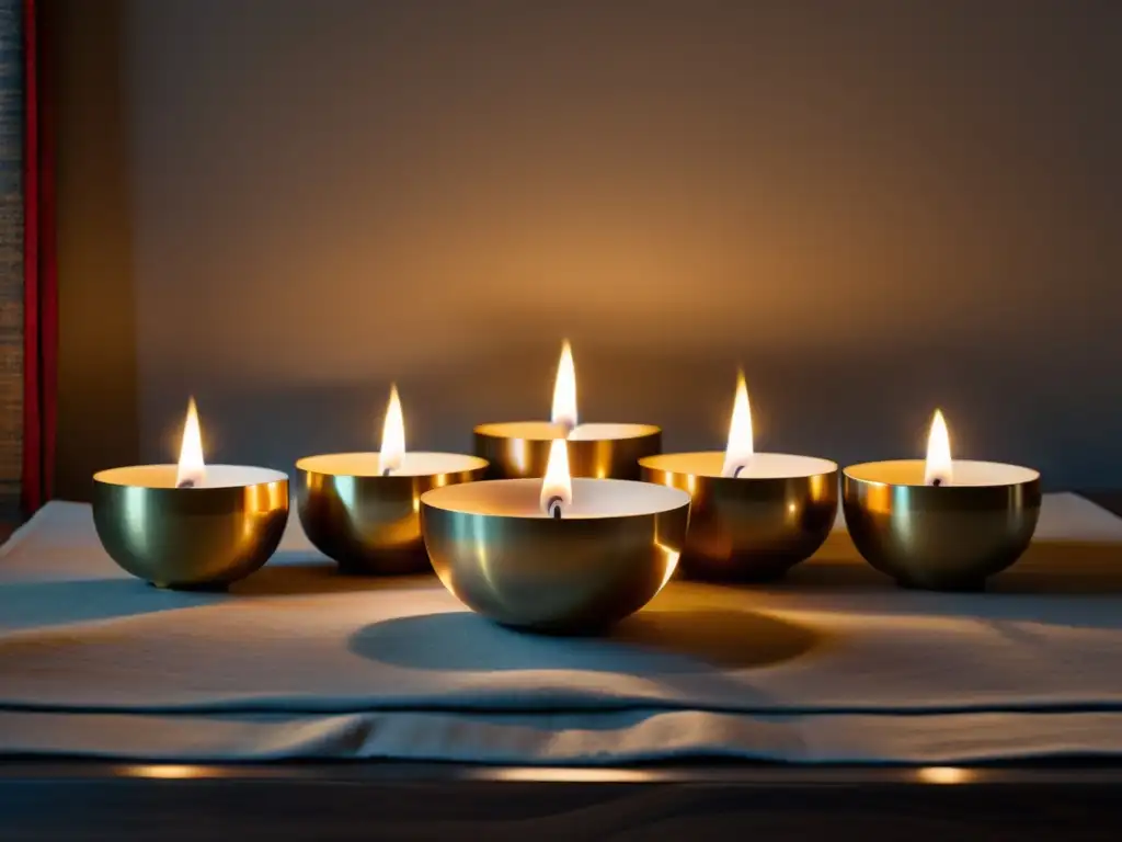 Armonización del hogar con cuencos tibetanos en un ambiente sereno y acogedor, iluminado suavemente por la luz natural y velas