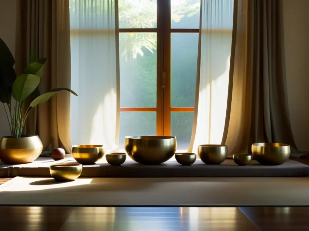 Armonización del hogar con cuencos tibetanos: Sala minimalista con cuencos tibetanos y luz suave filtrándose a través de cortinas