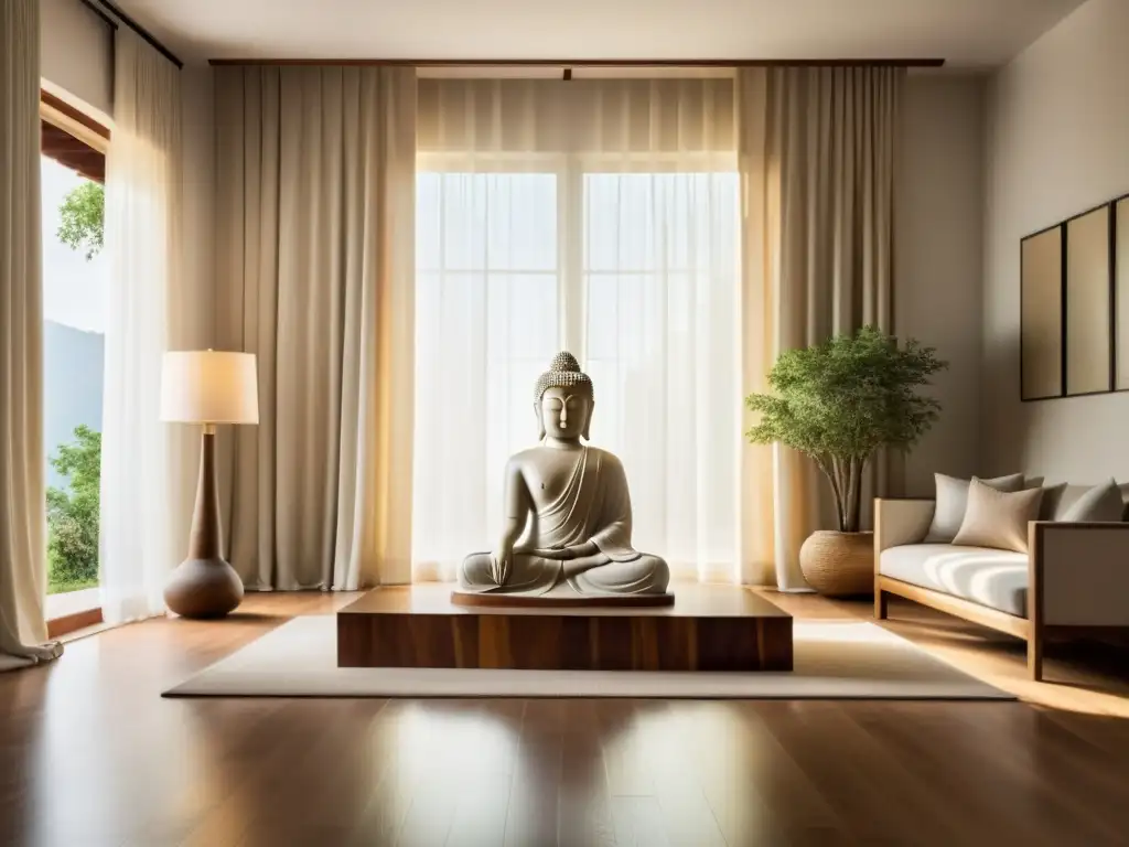 Transformación del hogar con esculturas de Buda: Sala minimalista con una escultura grande de Buda, decoración elegante y una atmósfera serena