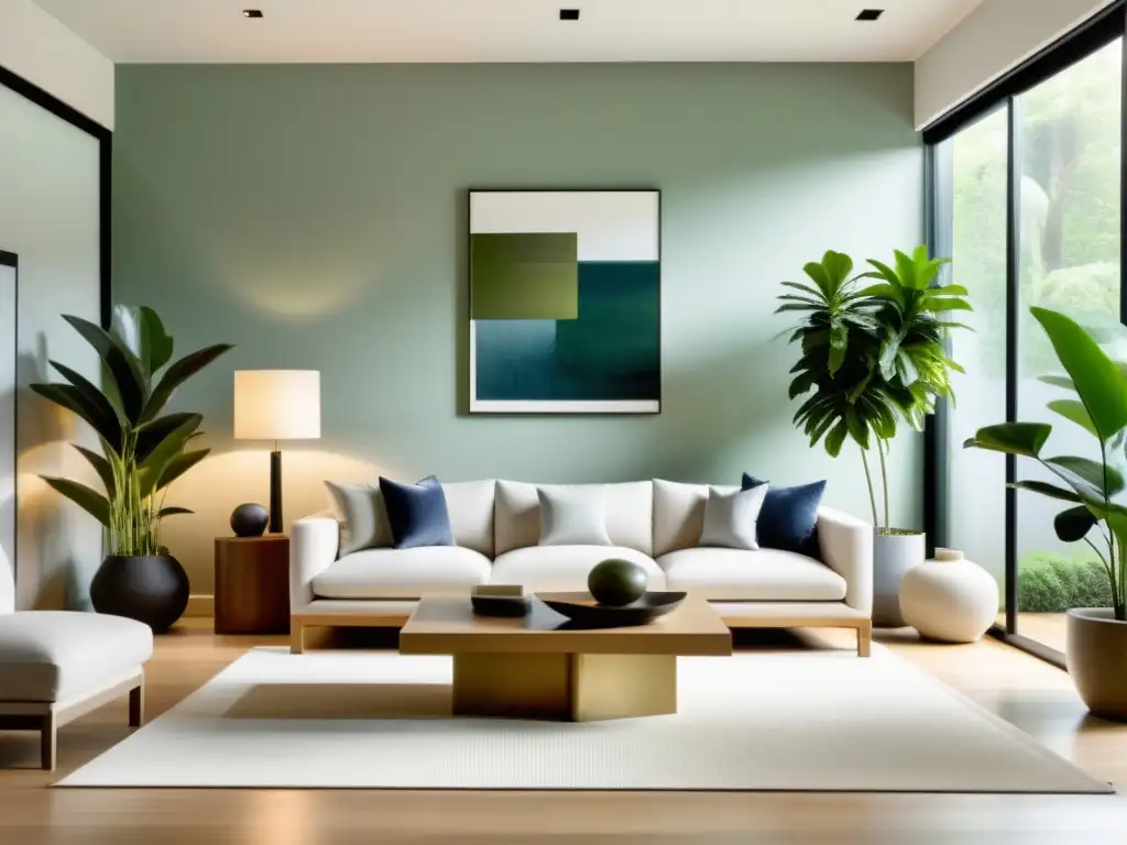 Diseño hogar ideal Feng Shui: Sala minimalista con luz natural, muebles y decoración en armonía, exudando calma y serenidad