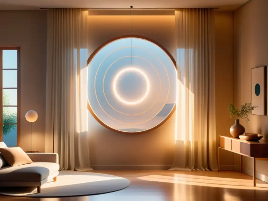 Hogar sereno iluminado por energía protectora Un hogar iluminado por un círculo de energía protectora, con luz suave y cálida filtrándose a través de las cortinas