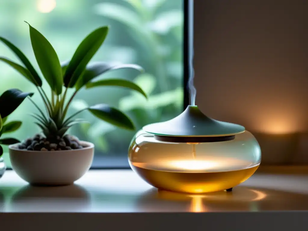 Aromaterapia Feng Shui para hogar: Imagen de un interior sereno con difusor de vidrio emitiendo una suave luz, cristales y plantas en armonía