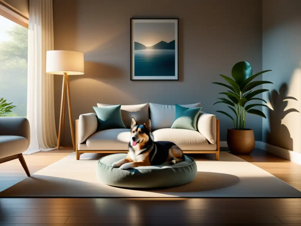 Feng Shui para hogar con mascotas: Imagen 8k de sala minimalista con armonía, rincón tranquilo con cama para mascotas y decoración equilibrada