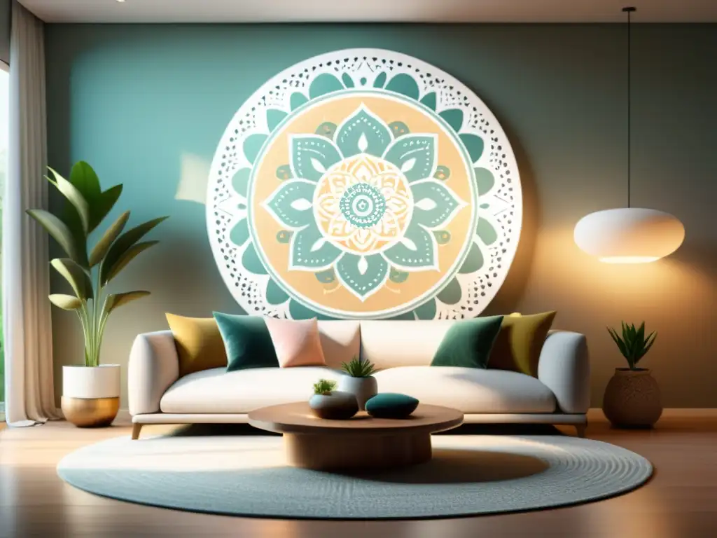 Un hogar minimalista con un mandala colgante como punto focal