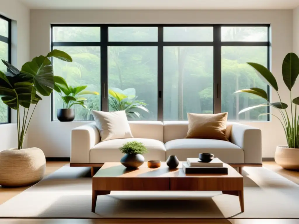 Purificación del hogar con Feng Shui: Sala minimalista con luz natural, plantas, mesa de madera y sofá acogedor en tonos neutros