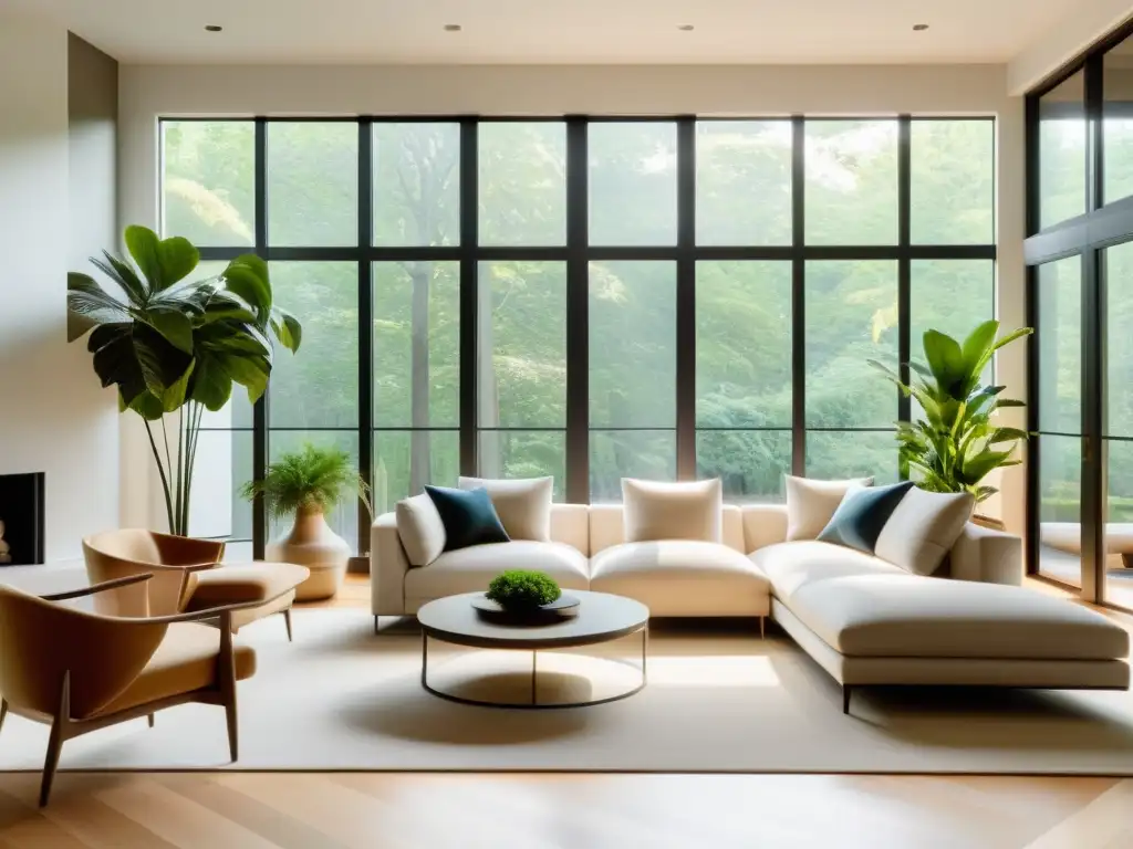 Armonización hogar energía Feng Shui: Sala minimalista con luz natural, muebles elegantes y toques naturales, transmite tranquilidad