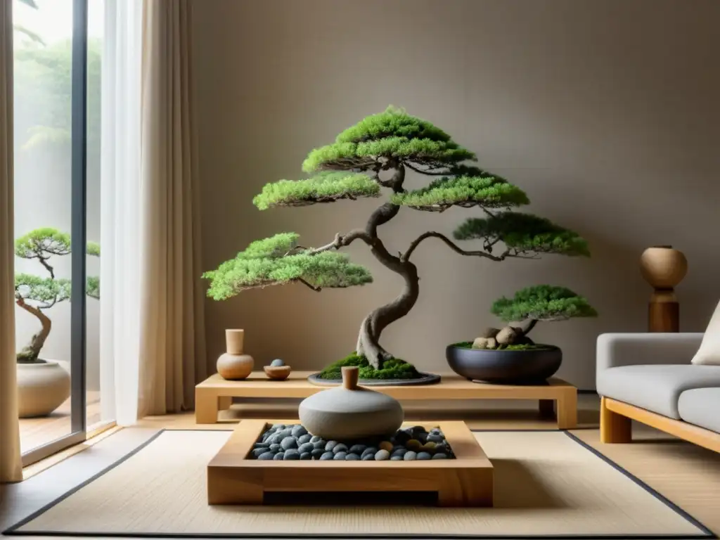 Armonización del hogar con Feng Shui: Sala minimalista con jardín Zen, tonos neutrales y elementos naturales que generan armonía y tranquilidad