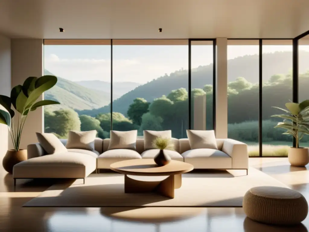 Serenidad natural en sala minimalista con vistas Armonización del hogar con Feng Shui: Sala minimalista con vista a paisaje natural, decoración natural y luz cálida