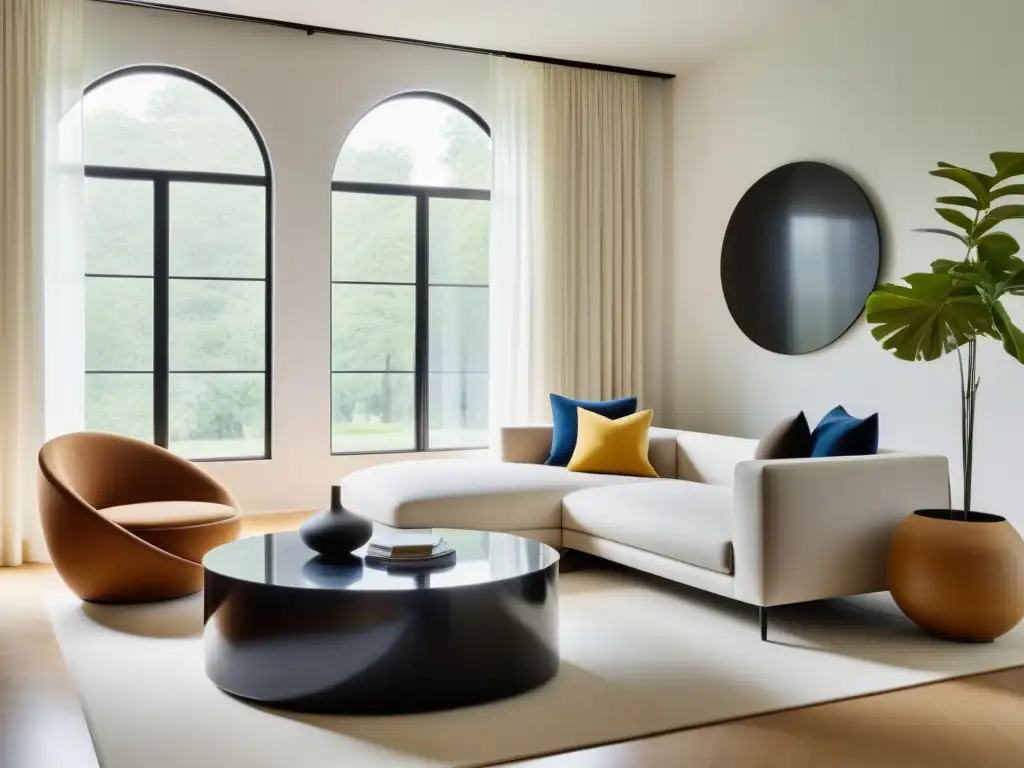 Armonía y equilibrio: sala yin-yang iluminada Armonización del hogar con Feng Shui: Sala de estar equilibrada con elementos yin y yang, luz natural y mobiliario acogedor