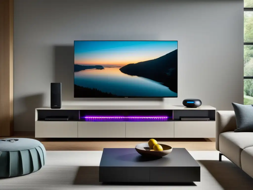 Armonización de tecnología y hogar con el Feng Shui: sala moderna con dispositivos electrónicos integrados en decoración minimalista y equilibrada