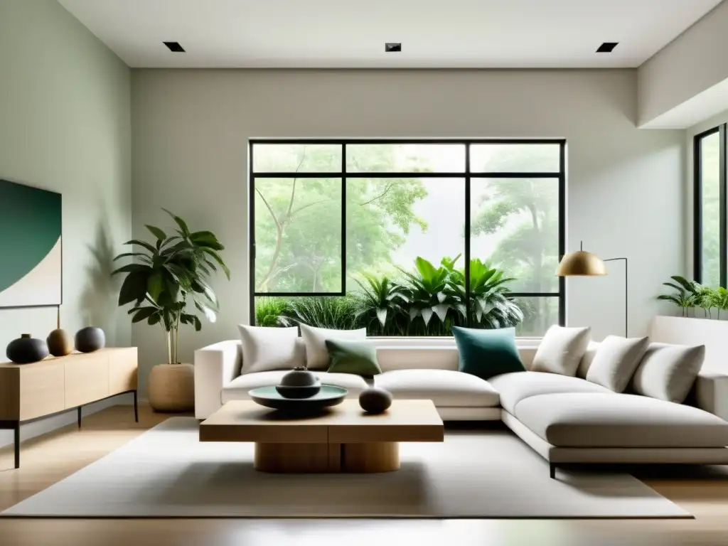 Salón sereno y minimalista con Feng Shui Armonización del hogar con Feng Shui: Sala de estar serena y minimalista, con tonos suaves y equilibrio de elementos para una atmósfera tranquila