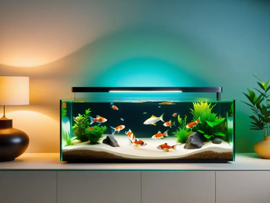 Serena armonía: Koi en elegante acuario Decoración hogar serena con carpa koi vibrante en elegante acuario, creando armonía y tranquilidad