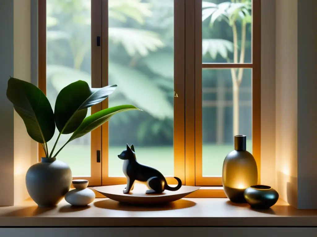 Armonía y protección: amuletos Feng Shui para mascotas en hogar sereno Un hogar sereno con amuletos Feng Shui para protección de mascotas, irradiando armonía y equilibrio