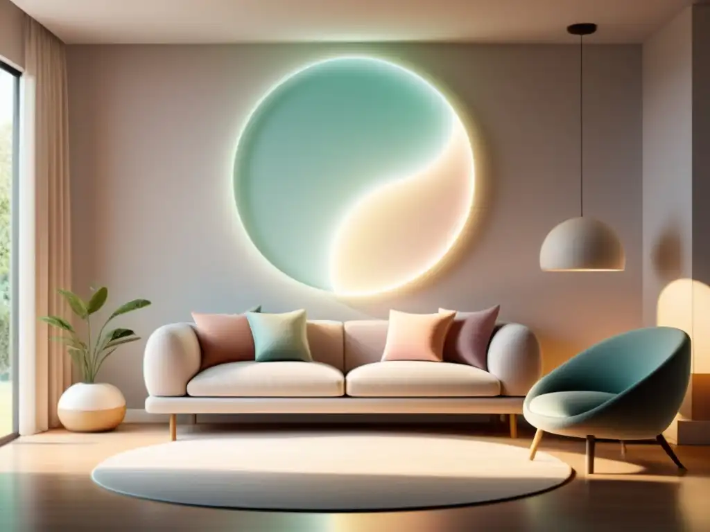 Hogar tranquilo: Círculo de energía protectora y paz Un hogar sereno y armonioso con círculos de protección energética, rodeado de luz suave y patrones delicados