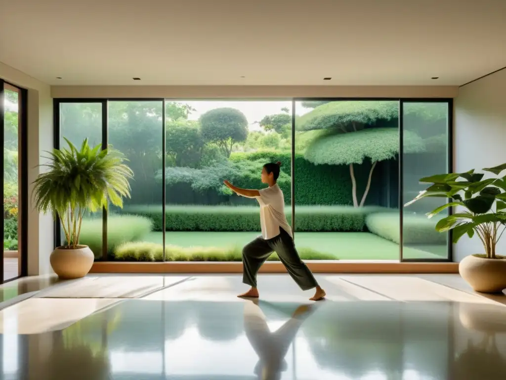 Un hogar sereno con Tai Chi, rodeado de naturaleza y paz interior en casa con Tai Chi