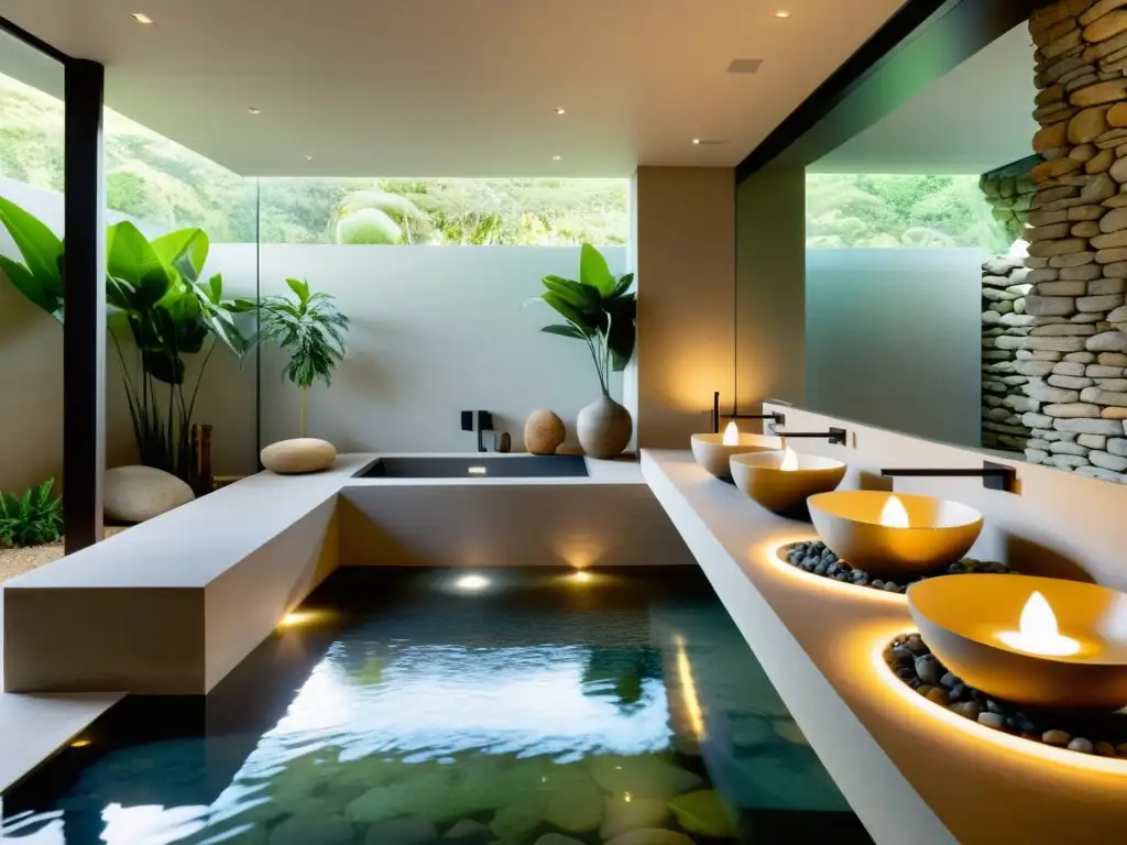 Un hogar sereno con elementos esenciales de Feng Shui y una armonía natural entre agua y rocas