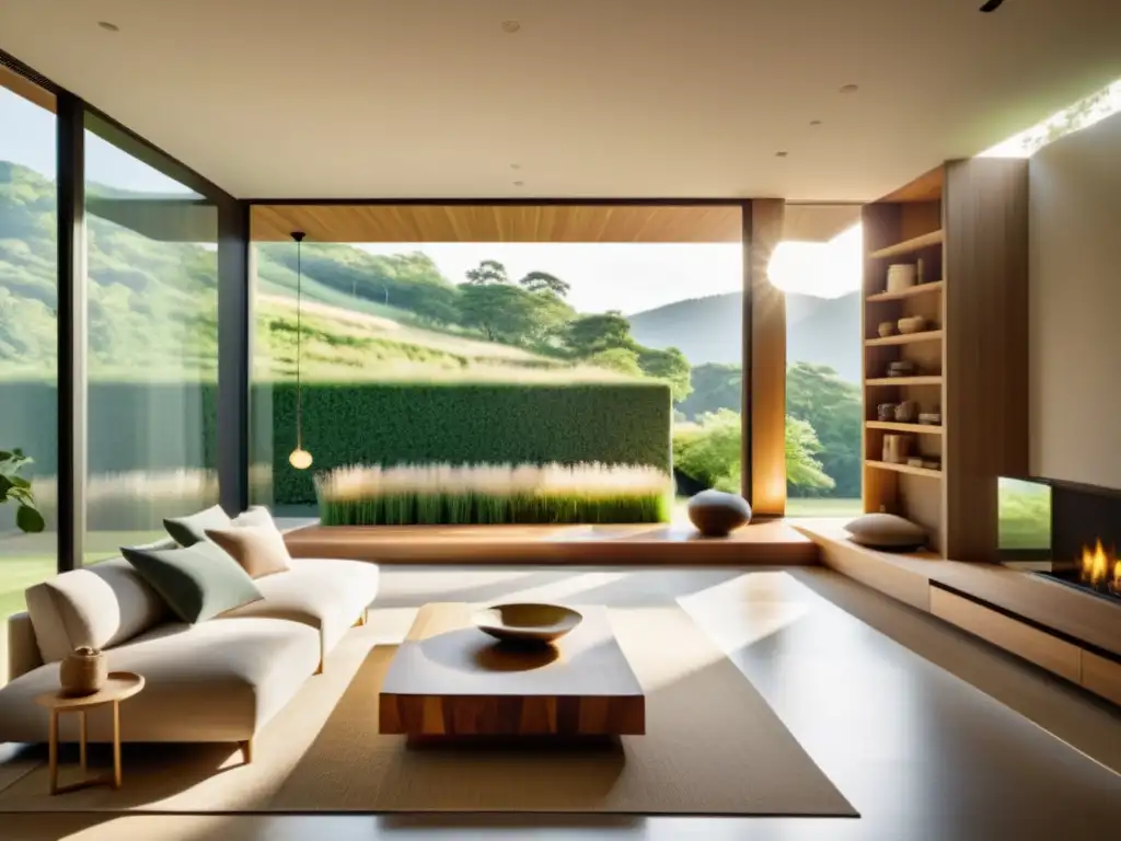 Feng Shui para armonizar hogar: Sereno espacio minimalista con ventana panorámica y decoración natural en tonos terrosos