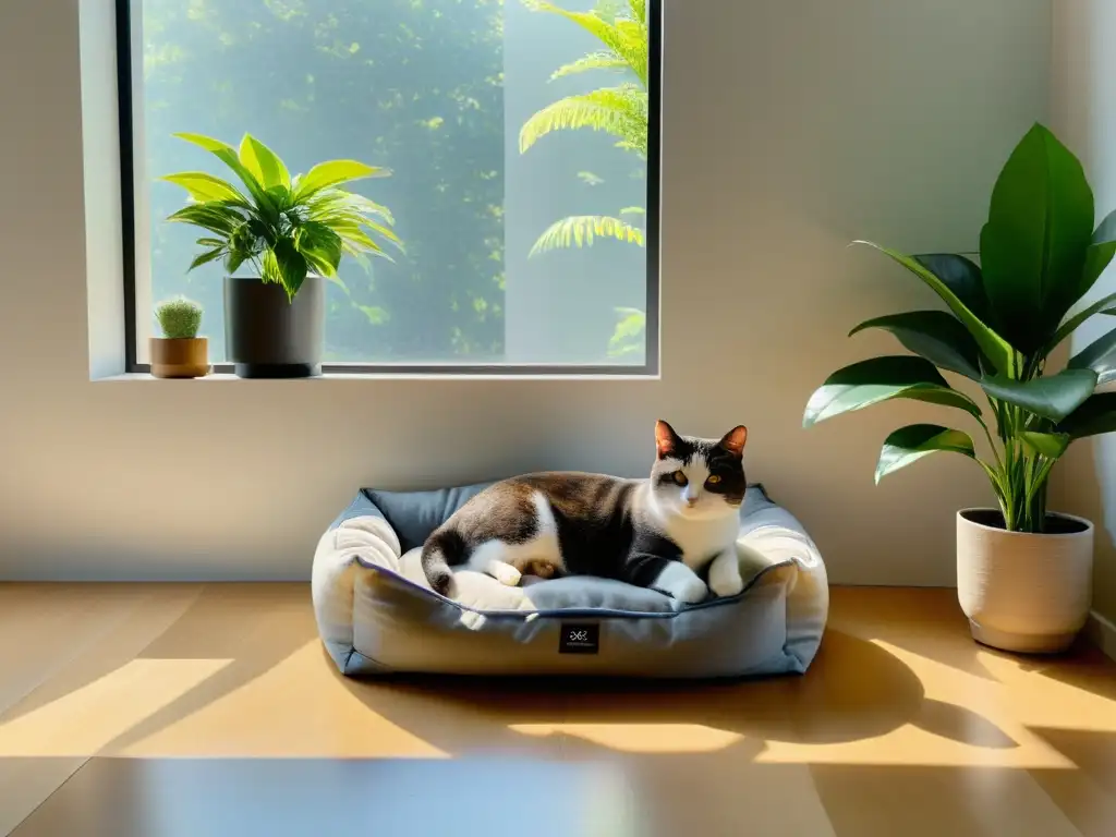 Un hogar sereno con mascotas felices, luz natural y equilibrio, en el espíritu de Feng Shui para mascotas felices