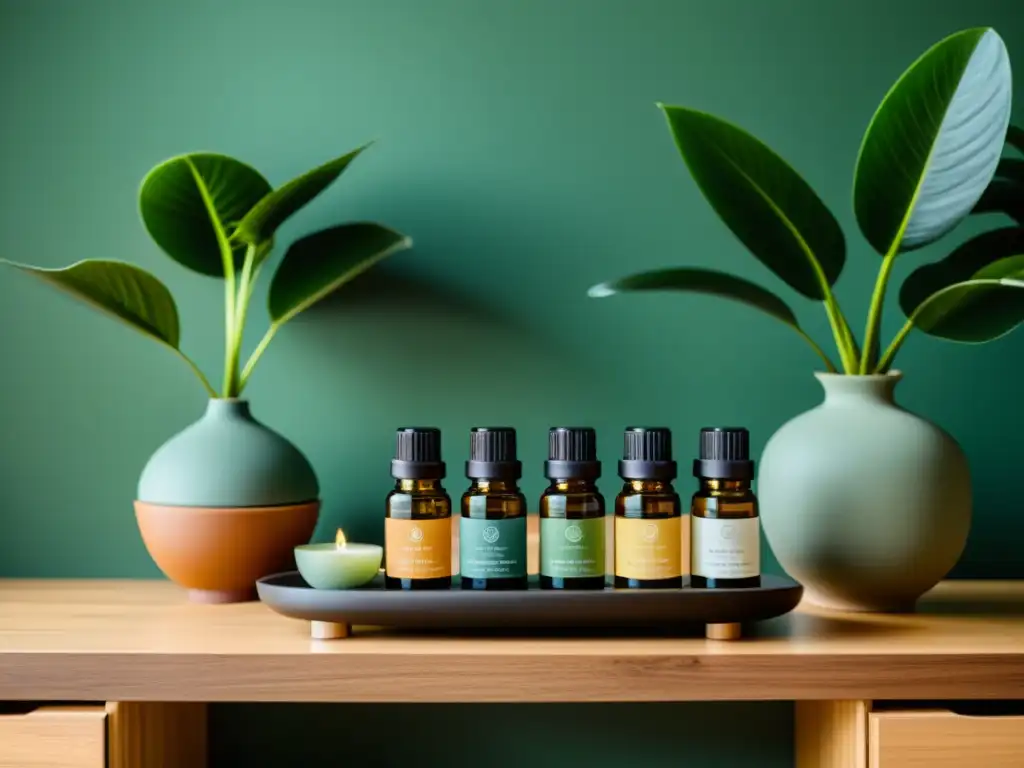 Un hogar sereno y minimalista con difusores de aceites esenciales, plantas y luz natural para armonización hogar feng shui aromaterapia