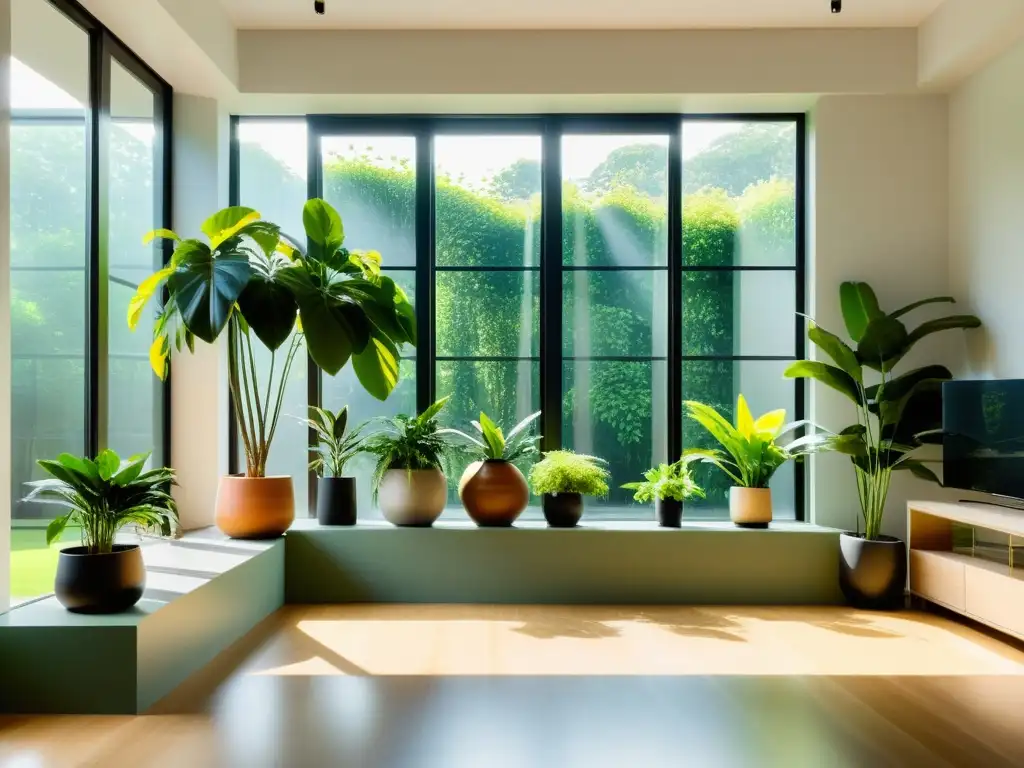 Un hogar sereno con plantas verdes en armonía, equilibrio y belleza natural