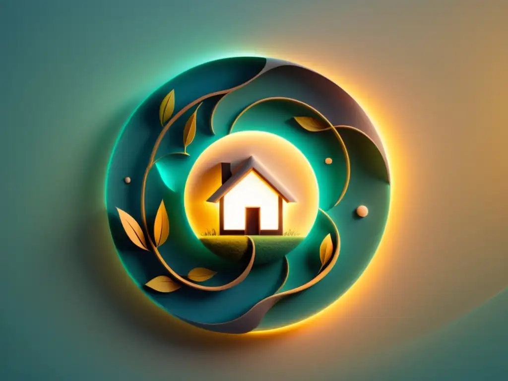Hogar sereno: energía suave y protección Un hogar sereno, protegido por círculos de energía, iluminado con calidez y rodeado de tranquilidad
