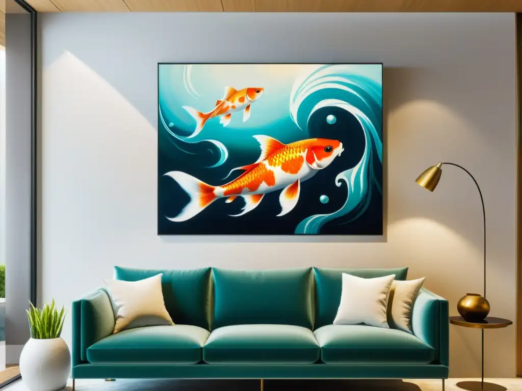 Cuadro de koi vibrante en sala minimalista Decoración hogar con significado: Carpa koi nadando en pintura vibrante, creando ambiente sereno y inspirador en sala minimalista
