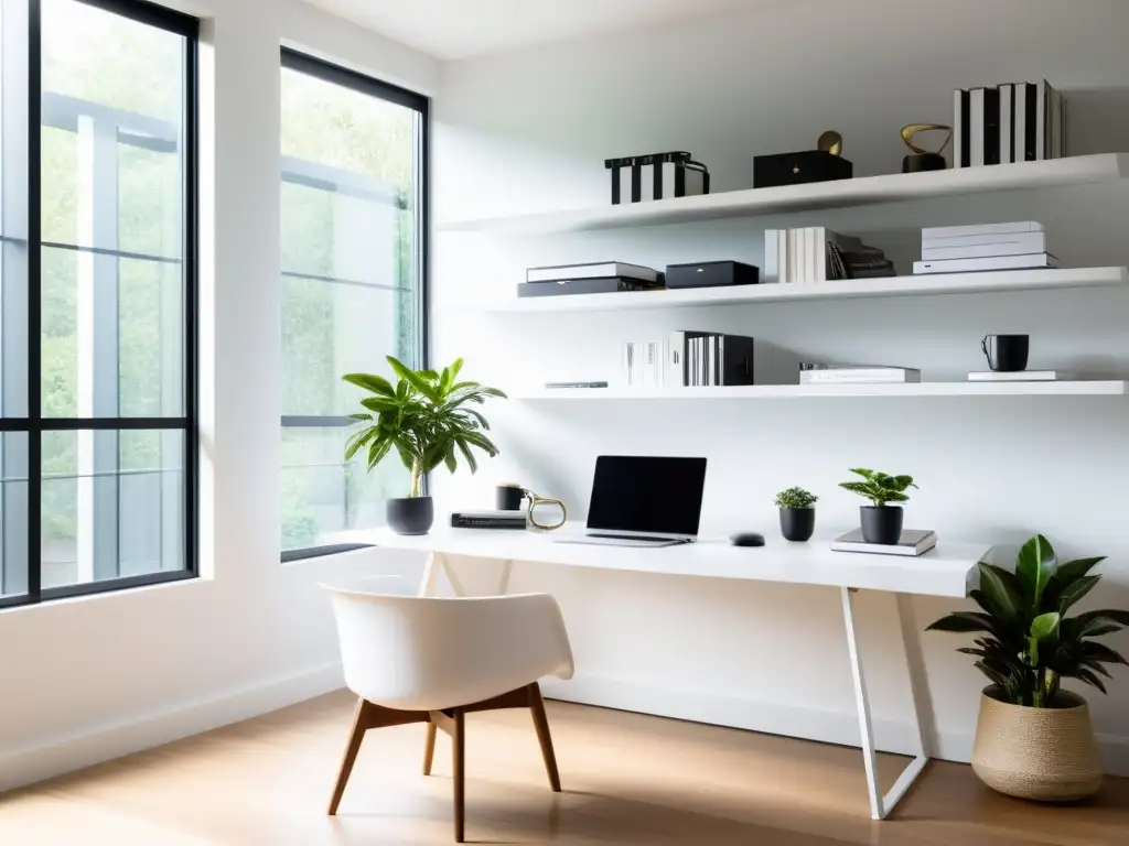 Un hogar tranquilo con un elegante escritorio blanco, inundado de luz natural