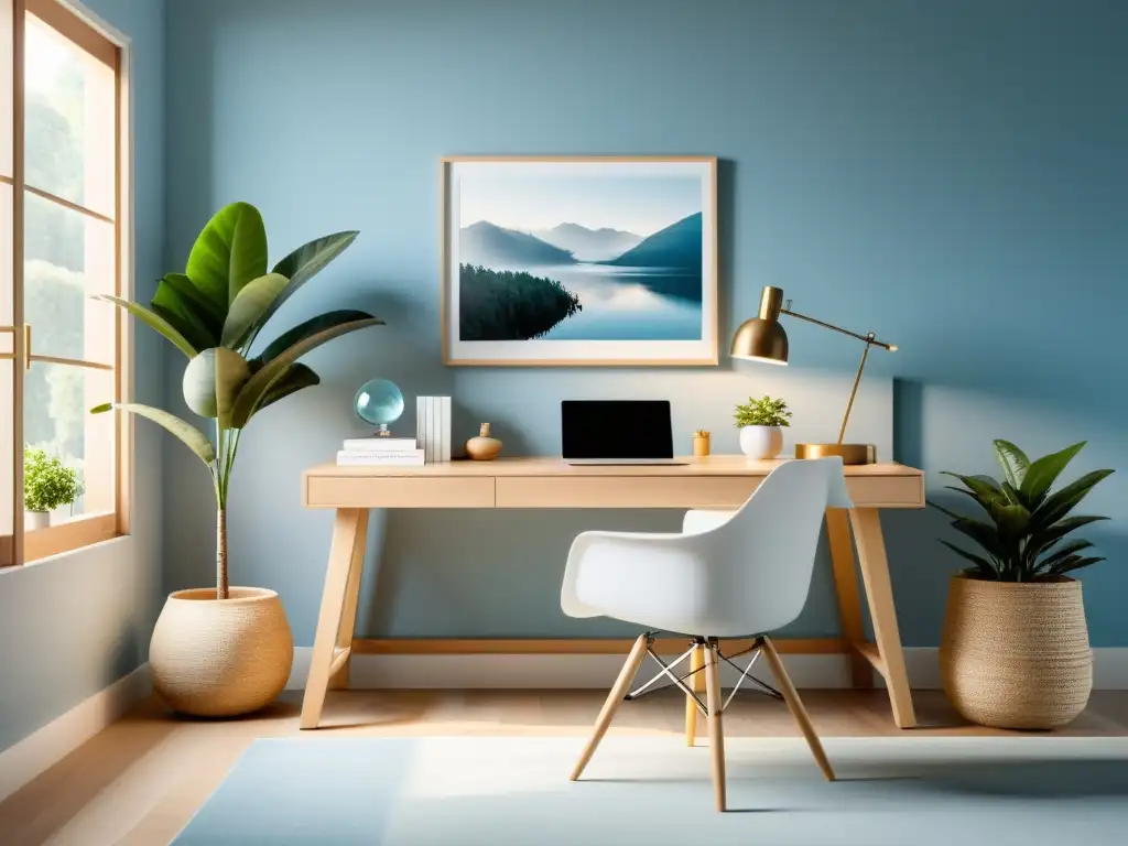 Un hogar tranquilo con escritorio Feng Shui para home office, bañado en luz natural y detalles armoniosos