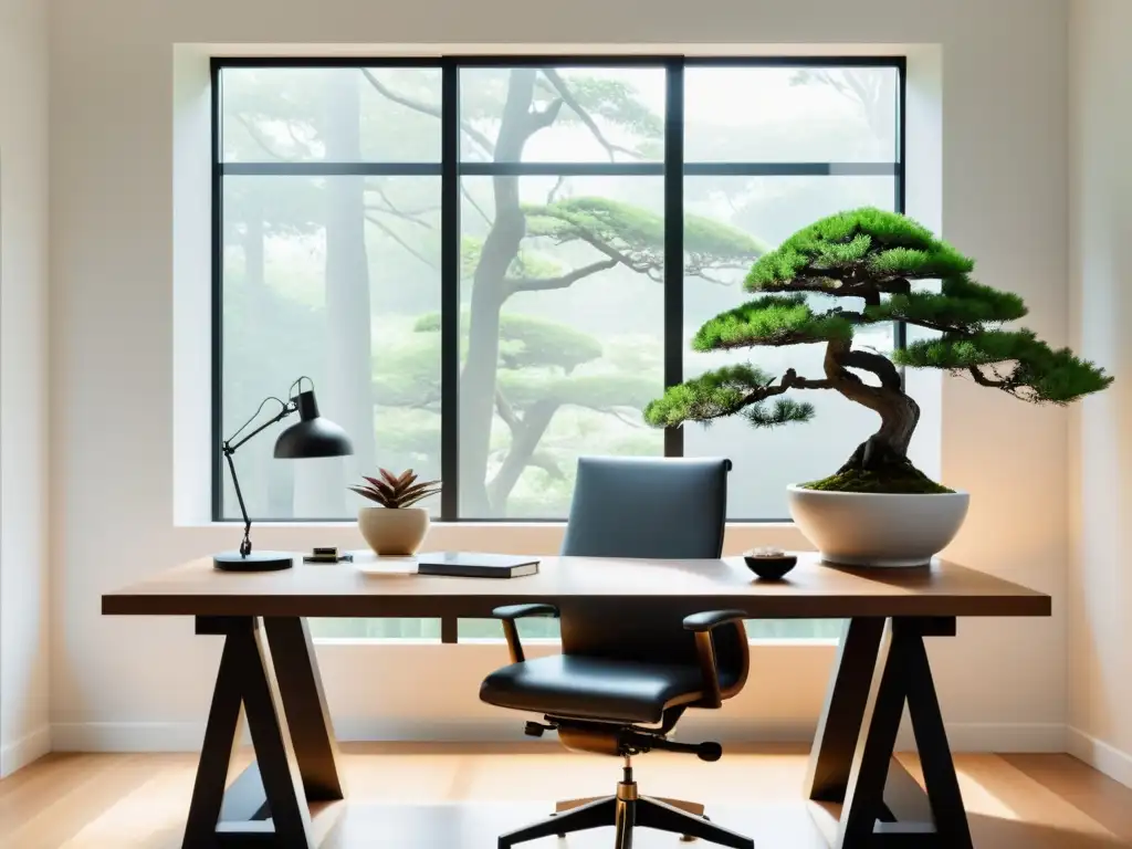 Un hogar tranquilo y minimalista con un escritorio despejado y equilibrado, reflejando los principios de Feng Shui para espacios modernos