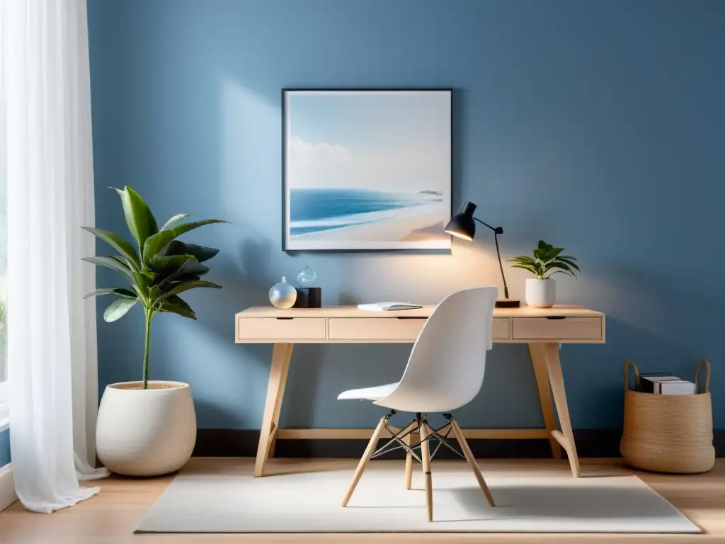 Un hogar tranquilo con oficina minimalista y una pared azul suave, revitalización oficina Feng Shui