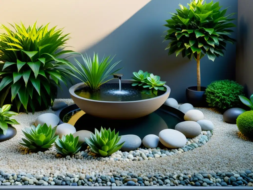 Un jardín hogareño equilibrado con plantas y elementos de Feng Shui, creando armonía y serenidad