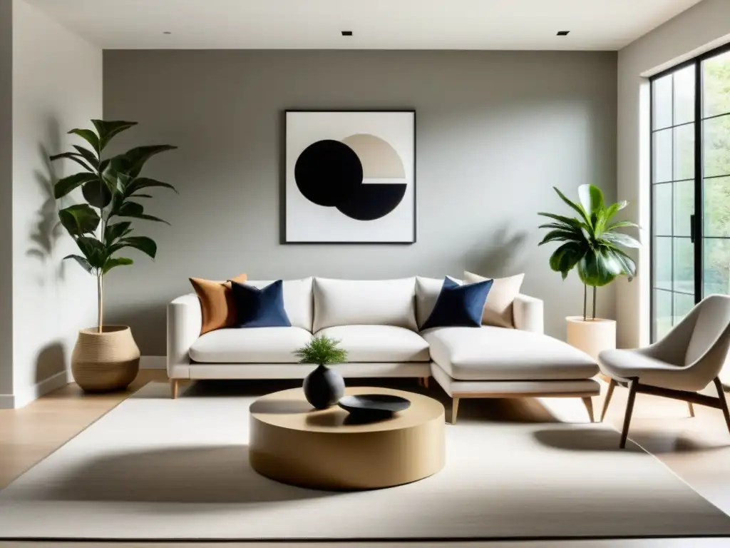 Hogares inteligentes con Feng Shui: Sala minimalista y equilibrada, con líneas limpias, luz natural y armonía moderna