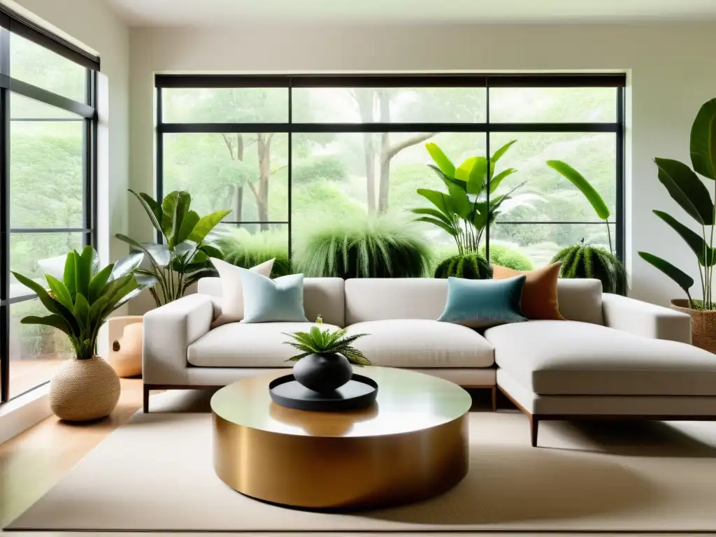 Hogares inteligentes con Feng Shui: Sala minimalista con luz natural, muebles y decoración armoniosa, transmitiendo tranquilidad