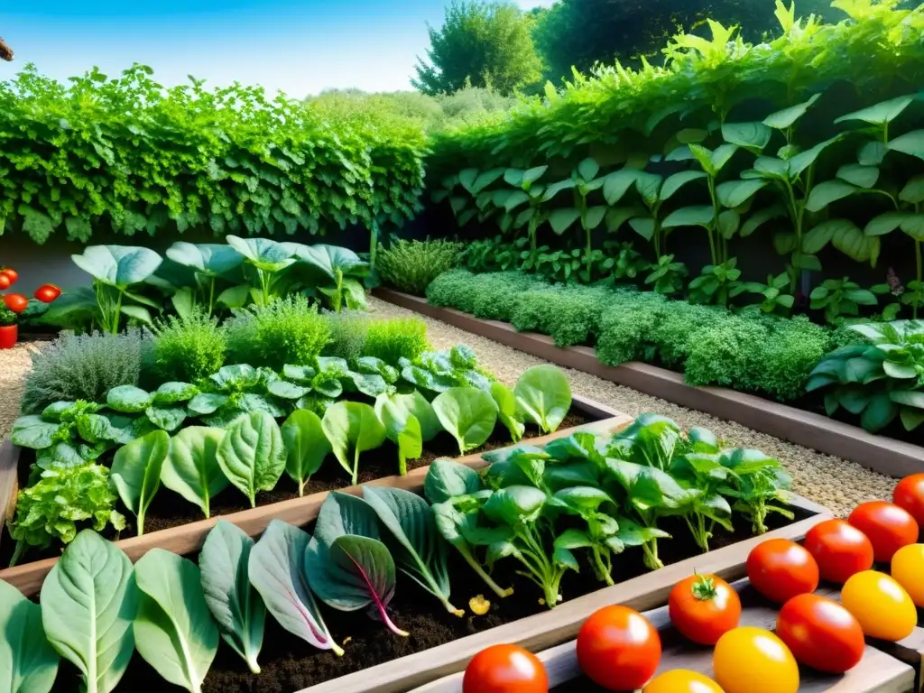 Un huerto casero cosecha, armonizado con Feng Shui, llena de verduras y hierbas, rodeado de paz y equilibrio