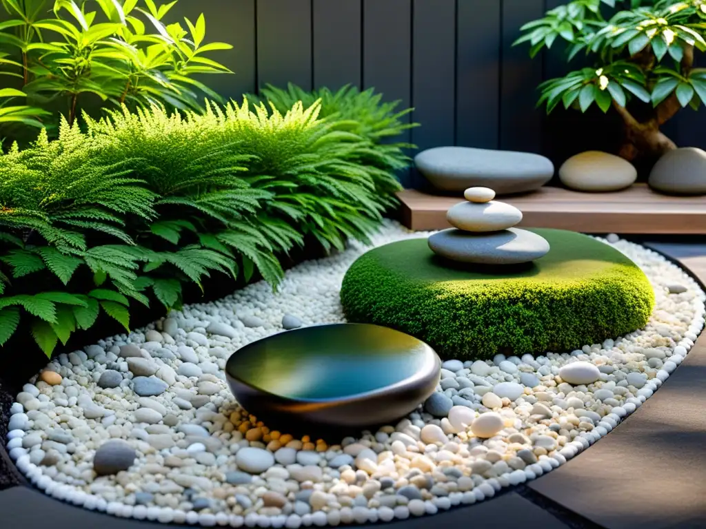 Jardín zen: Serenidad y equilibrio entre rocas, arroyo y bonsáis Un huerto Feng Shui bajo mantenimiento, con armonía y tranquilidad en cada detalle del jardín zen