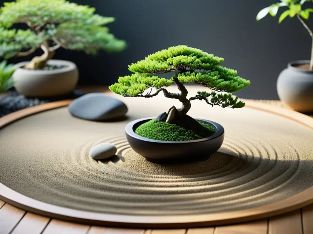 Jardín Zen minimalista con bonsái vibrante Un huerto Feng Shui bajo mantenimiento con un jardín zen sereno y minimalista, rocas balanceadas y un bonsái vibrante