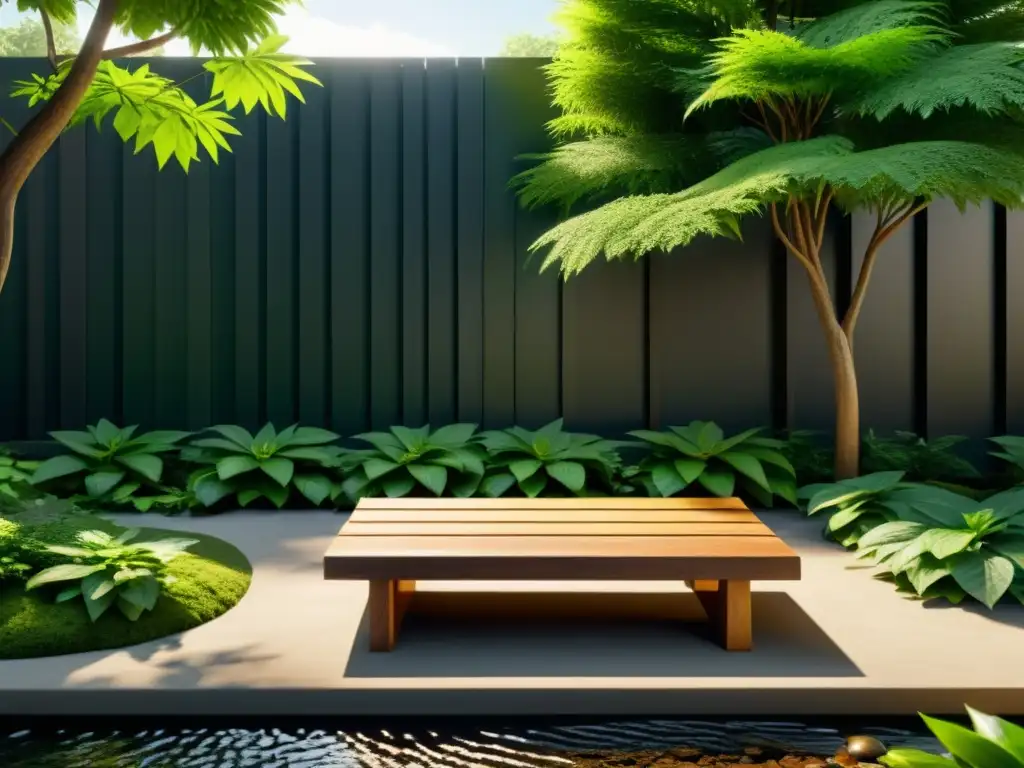 Jardín zen: armonía y serenidad en la naturaleza Un huerto Feng Shui bajo mantenimiento, con un jardín sereno y minimalista, un estanque y un banco de madera para meditar en armonía con la naturaleza
