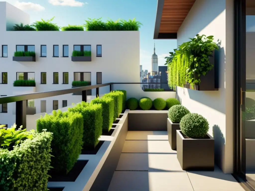 Jardín urbano en balcón: oasis de paz entre la ciudad Feng Shui para huerto urbano: balcón armonioso con plantas vibrantes en modernos maceteros, bañado por la luz del sol y sonidos de la naturaleza
