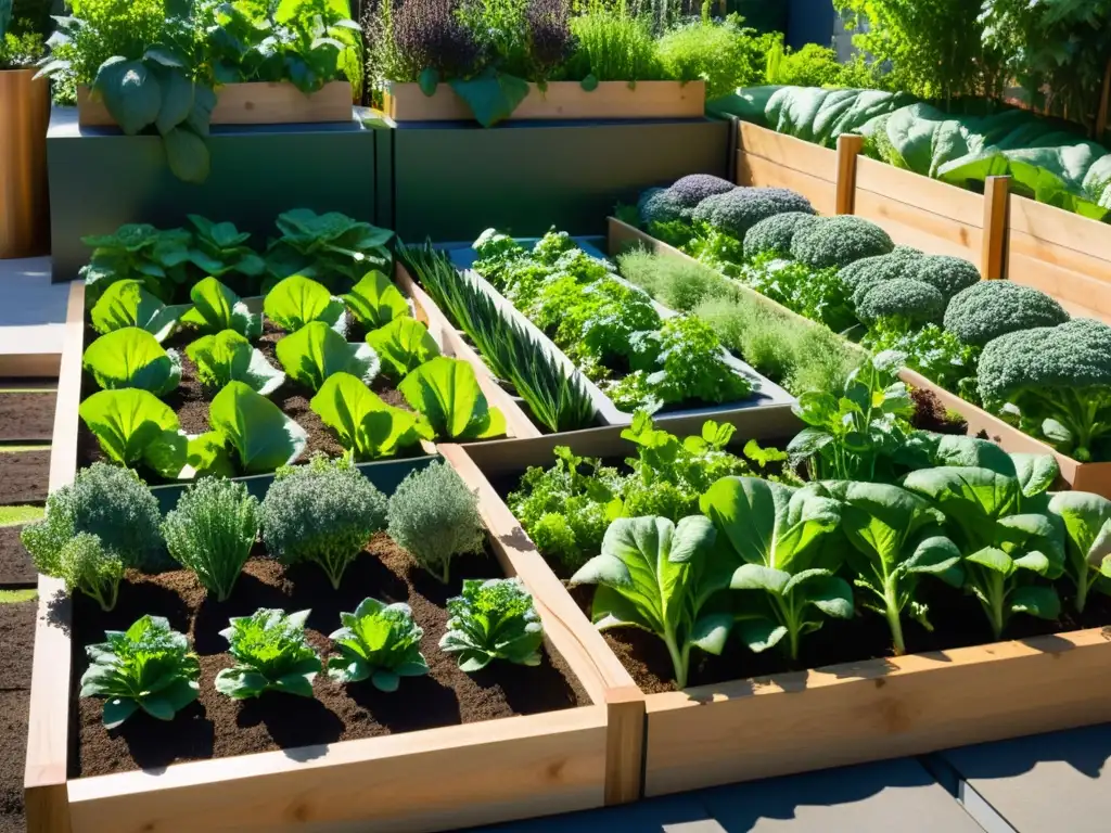 Un huerto urbano armonioso, con vegetales y hierbas vibrantes, contrastando con la modernidad de la ciudad