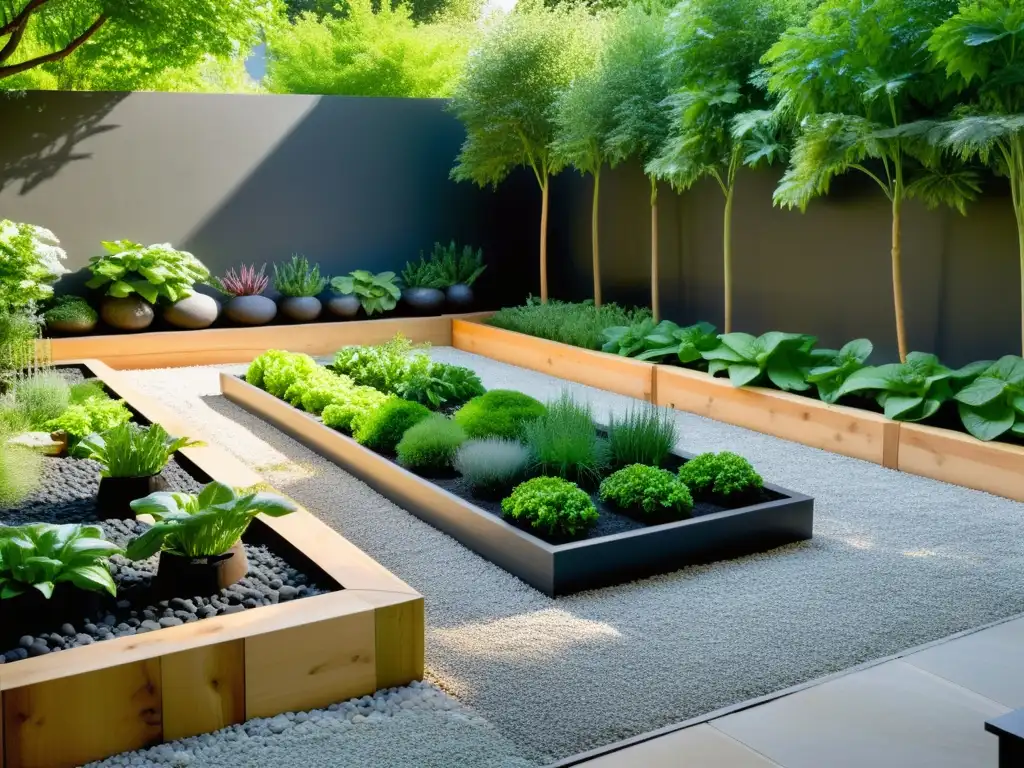 Un huerto urbano diseño Feng Shui con camas elevadas de vegetales vibrantes y hierbas rodeadas de piedras pulidas, agua y sol filtrándose entre la exuberante vegetación, creando armonía