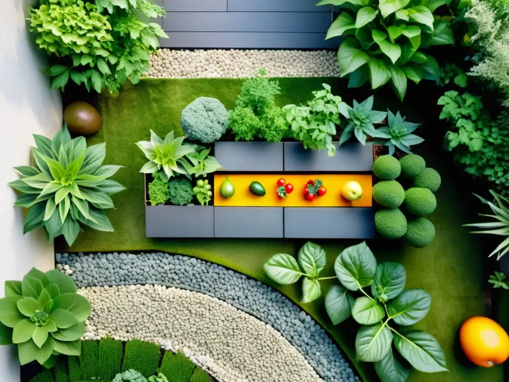 Un huerto urbano diseño Feng Shui con frutas, verduras y hierbas en armonía, rodeado de tranquilidad y belleza natural