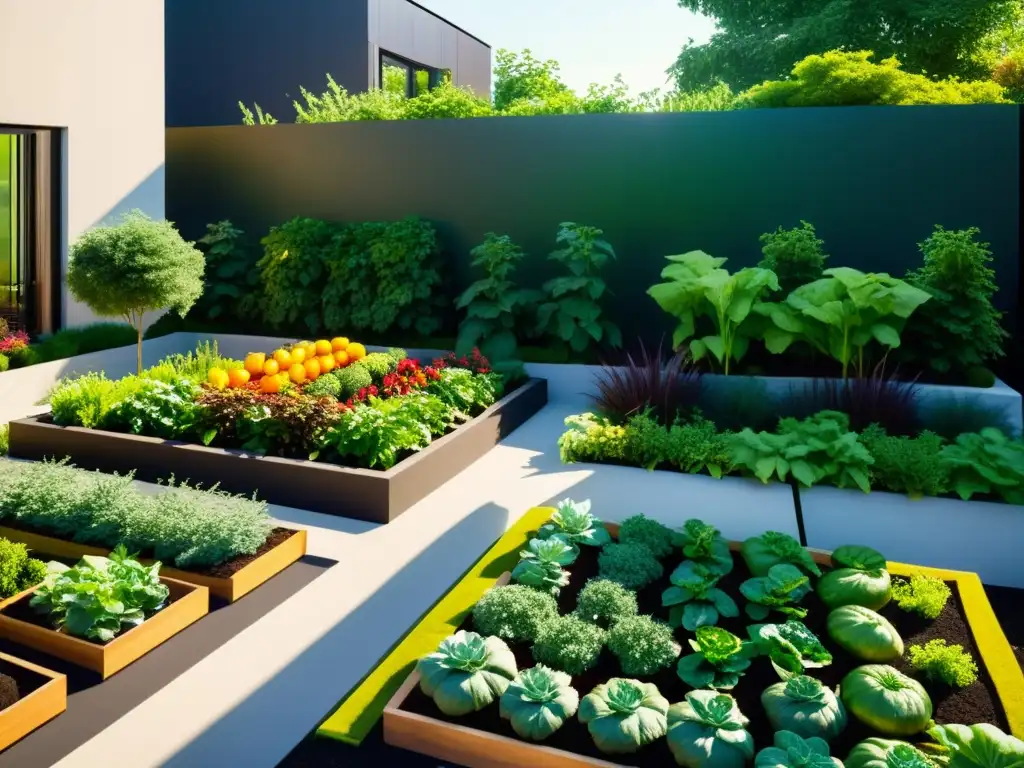 Un huerto urbano con vegetales coloridos y exuberante vegetación, en armonía con el flujo del Feng Shui Anual