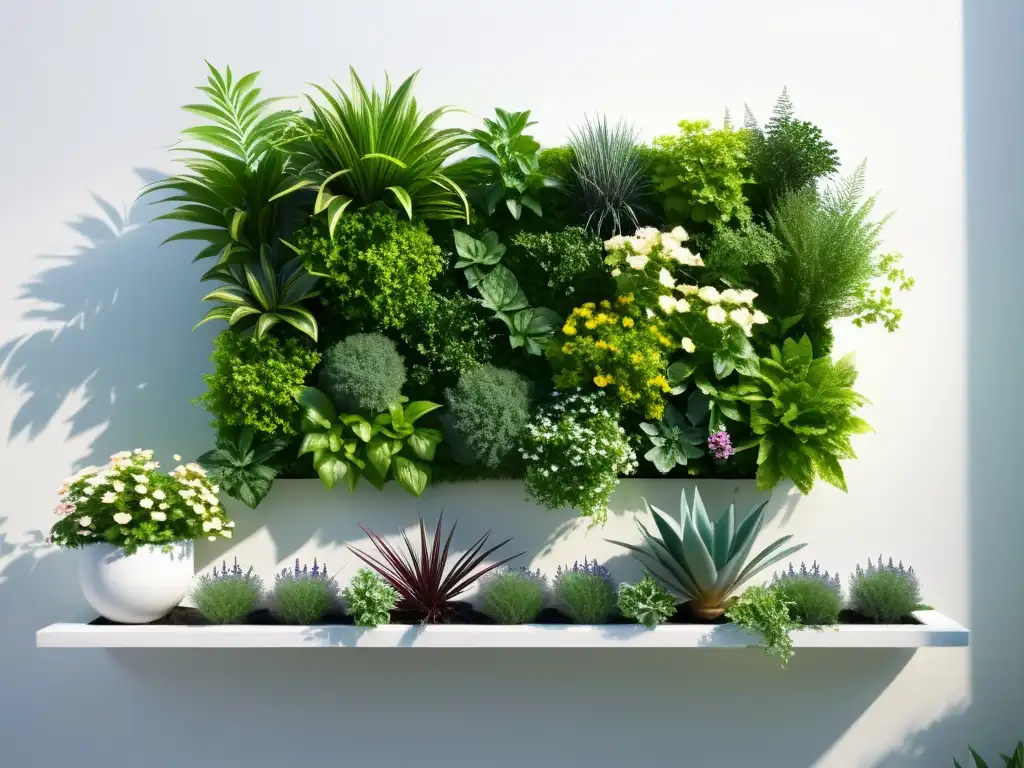 Un huerto vertical feng shui naturaleza con plantas vibrantes y armoniosas, creando una escena tranquila y visualmente impactante