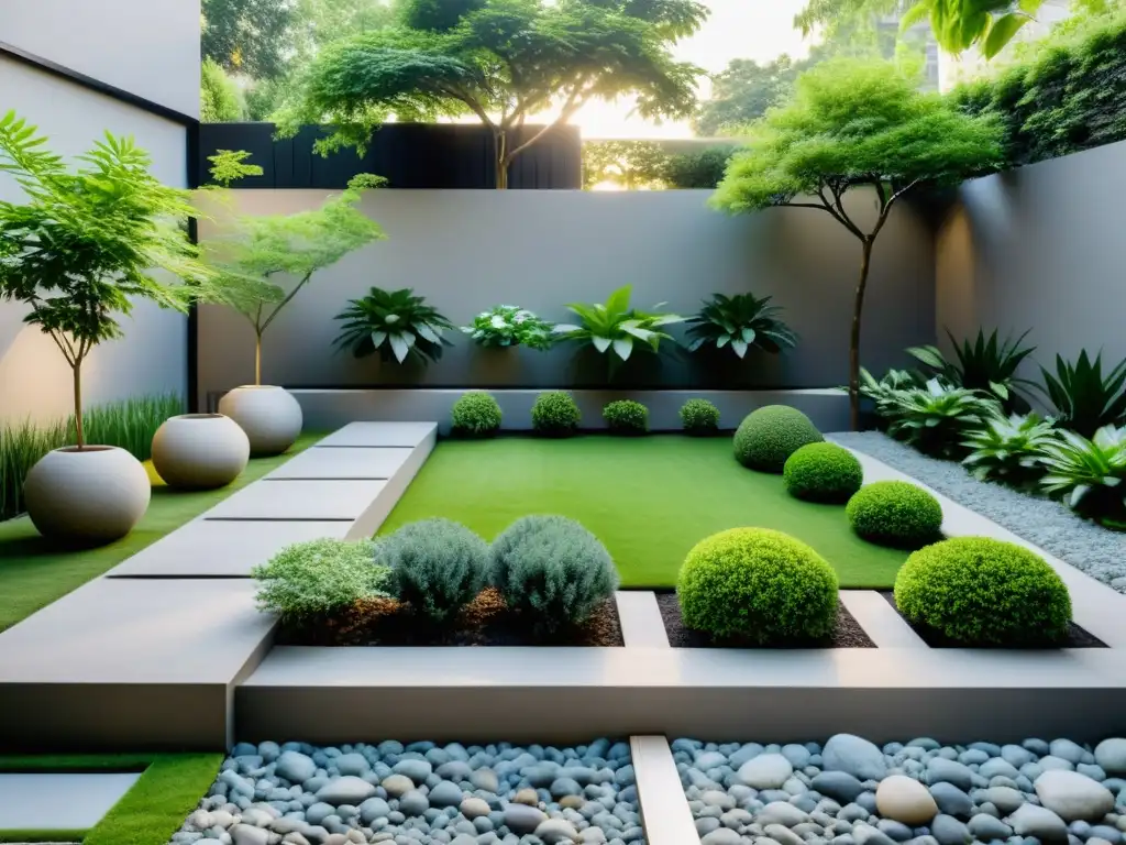 Huertos urbanos con diseño Feng Shui: un oasis sereno y minimalista en medio de la ciudad, con plantas, agua y rocas en armonía