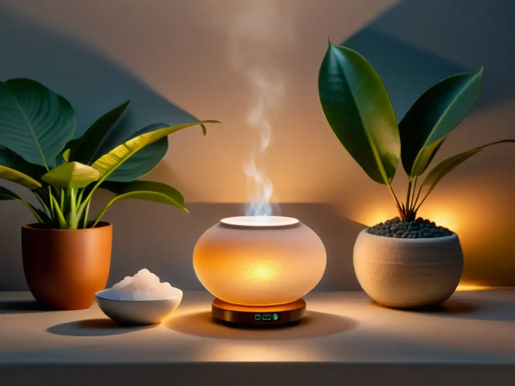 Una iluminación armoniosa en Feng Shui crea un ambiente tranquilo con una lámpara de sal y elementos naturales