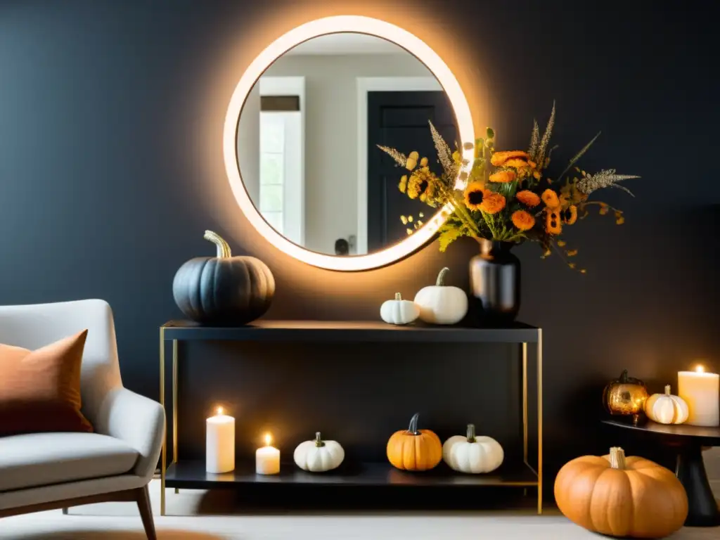 Decoración de Halloween con Feng Shui: Sala elegantemente iluminada con muebles modernos, espejo circular y ambiente sereno