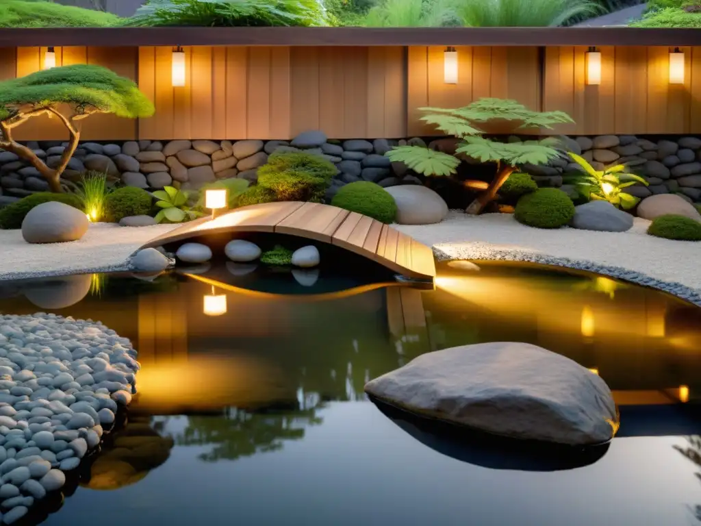 Un jardín zen iluminado con suaves luces, reflejando armonía y tranquilidad, un ejemplo de iluminación armoniosa jardín Feng Shui